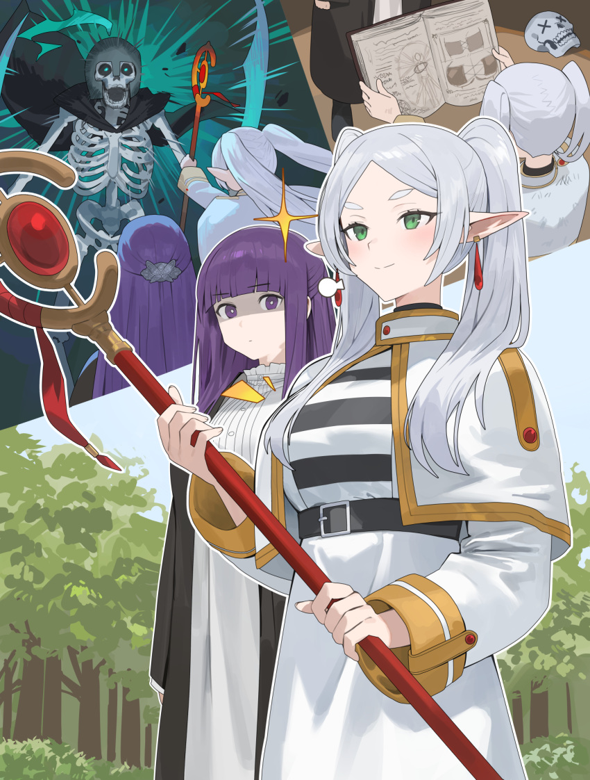 2girls blunt_bangs blush book breasts bright_pupils closed_mouth fern_(sousou_no_frieren) frieren green_eyes grey_hair highres holding holding_book holding_staff hood_(james_x) large_breasts long_hair long_sleeves looking_at_another multiple_girls open_book outdoors pointy_ears purple_hair skeleton smile sousou_no_frieren staff twintails violet_eyes white_pupils