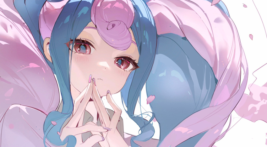 1girl aqua_hair blush cherry_blossoms closed_mouth eyelashes fairy_miku_(project_voltage) hatsune_miku highres long_hair looking_at_viewer multicolored_hair nail_polish neonneon321 petals pink_hair pokemon portrait project_voltage red_eyes sidelocks simple_background solo twintails upper_body very_long_hair vocaloid white_background