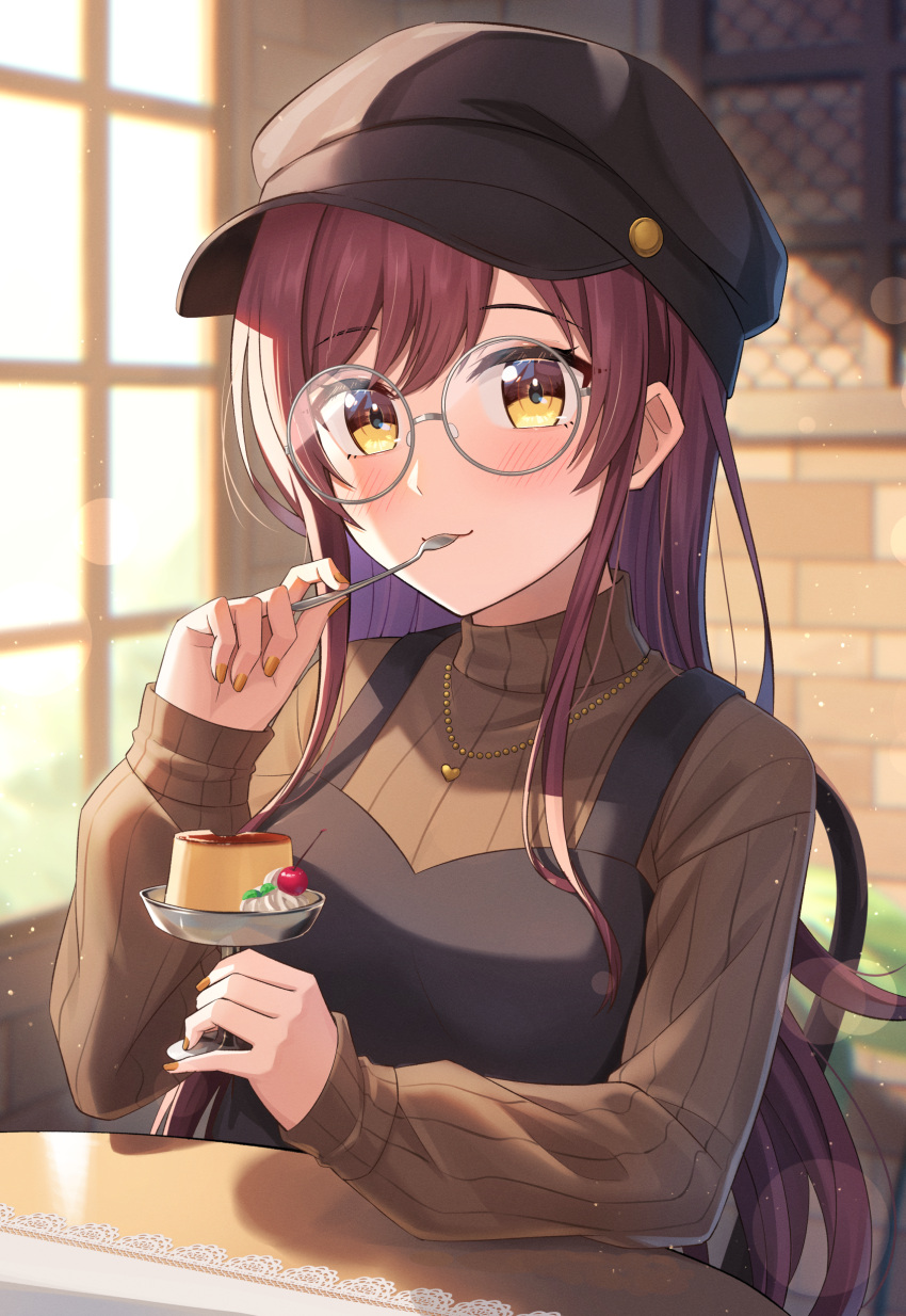 1girl absurdres beret black_dress black_headwear blush brown_sweater cherry closed_mouth dessert dress eating food fruit glasses hat highres holding holding_spoon idolmaster idolmaster_shiny_colors indoors jewelry kurageso long_hair long_sleeves looking_at_viewer nail_polish necklace osaki_amana pudding redhead ribbed_sweater round_eyewear sitting sleeves_past_wrists smile solo spoon sweater swept_bangs table turtleneck turtleneck_sweater utensil_in_mouth whipped_cream yellow_eyes