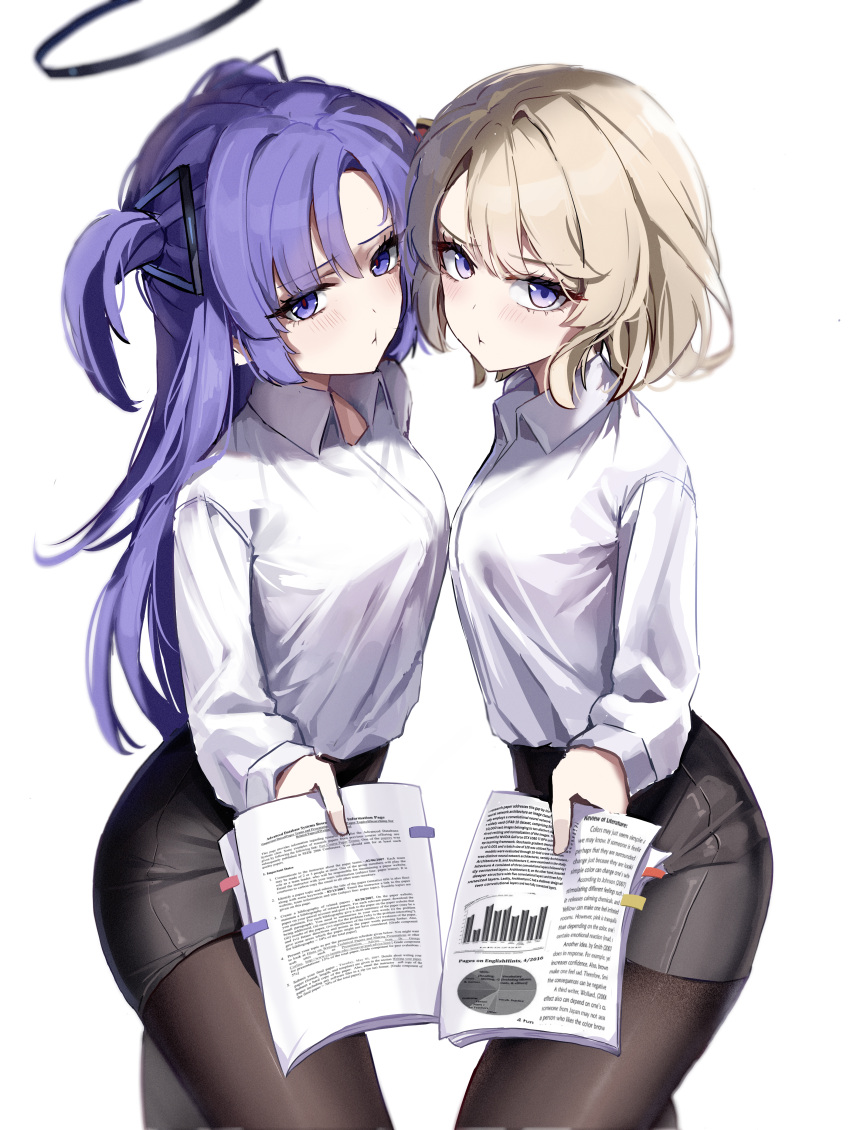 2girls absurdres azur_lane black_pantyhose black_skirt blonde_hair blue_archive blush breasts collared_shirt commission crossover halo highres holding holding_paper long_hair long_sleeves looking_at_viewer mechanical_halo medium_breasts multiple_girls pantyhose paper pencil_skirt purple_hair shirt short_hair simple_background skirt sstthei two_side_up violet_eyes white_background white_shirt yuuka_(blue_archive) z23_(azur_lane)