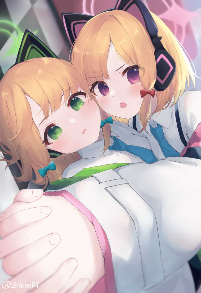 2girls :o absurdres animal_ear_headphones animal_ears artist_name blonde_hair blue_archive blue_necktie blurry blurry_background blush bow cat_ears collared_shirt commentary fake_animal_ears foreshortening green_eyes green_halo hair_bow halo headphones highres holding_hands indoors jacket long_sleeves looking_at_viewer midori_(blue_archive) momoi_(blue_archive) multiple_girls necktie off_shoulder parted_bangs parted_lips pink_halo red_bow shirt short_hair siblings sidelocks sisters teeth tile_floor tiles twins upper_body upper_teeth_only v-shaped_eyebrows violet_eyes white_jacket white_shirt zinkaa