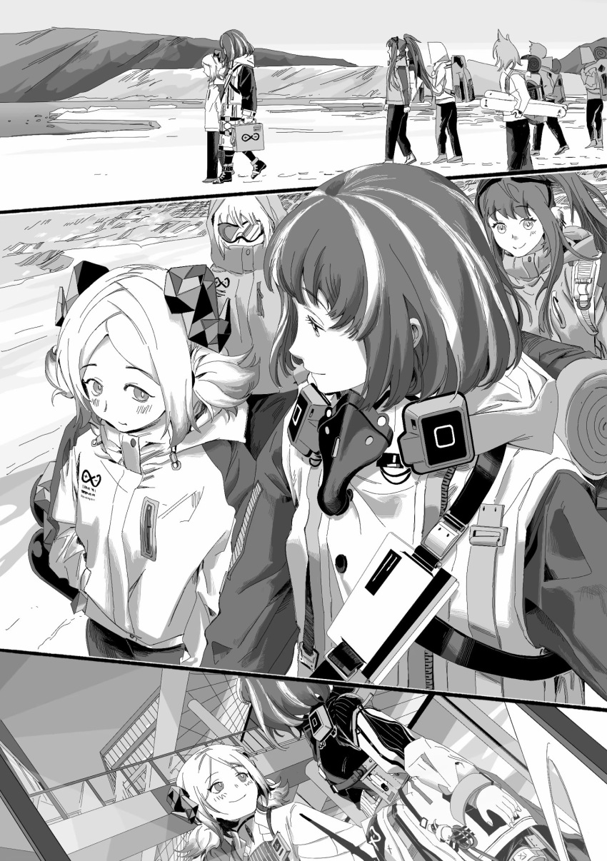 4others alternate_costume arknights astgenne_(arknights) demon_horns highres horns ice ifrit_(arknights) jacket looking_at_another magallan_(arknights) magallan_(elite_ii)_(arknights) monochrome multiple_others outdoors owwwwo smile walking water