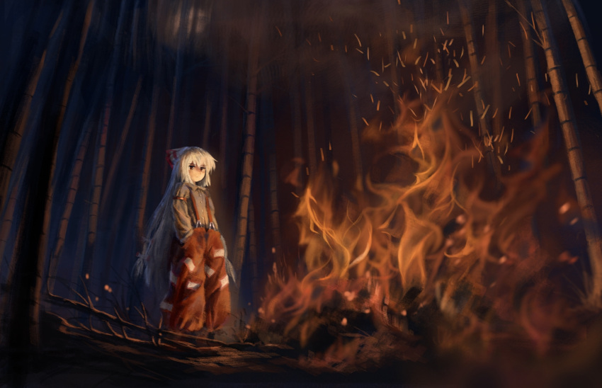 1girl bamboo bamboo_forest bow closed_mouth commentary_request fire forest fujiwara_no_mokou full_body grey_shirt hair_bow highres long_sleeves looking_at_viewer nature ofuda ofuda_on_clothes outdoors pants red_pants satellitedragon shirt solo standing suspenders touhou
