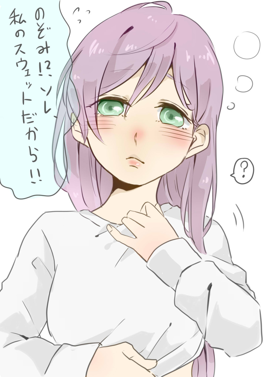 1girl ? blush breasts closed_mouth commentary_request green_eyes hair_between_eyes hair_down highres kashikaze long_hair long_sleeves looking_at_viewer love_live! love_live!_school_idol_project medium_breasts puffy_sleeves purple_hair shirt simple_background solo spoken_question_mark toujou_nozomi upper_body white_background white_shirt