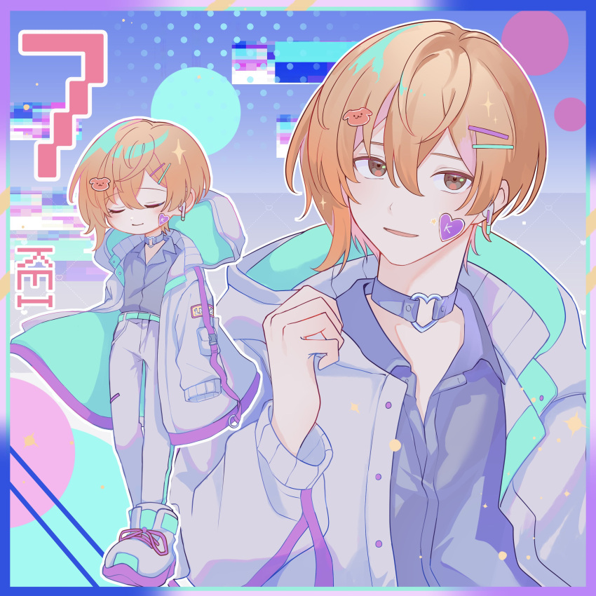 1boy absurdres alternate_costume brown_eyes character_name chibi choker closed_mouth collared_shirt full_body heart_on_cheek highres long_sleeves male_focus miya_(38magical) miyama_kei multiple_hairpins open_mouth orange_hair paradox_live pixel_art purple_choker purple_shirt shirt short_hair smile solo