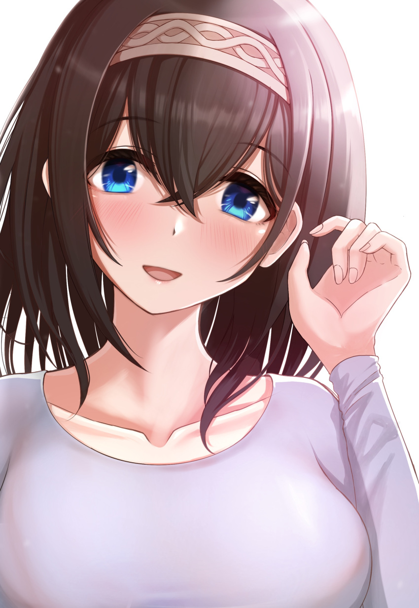 1girl absurdres black_hair blue_eyes blush breasts commentary facing_viewer grey_sweater hairband hand_up head_tilt highres idolmaster idolmaster_cinderella_girls karlp346pro long_sleeves looking_at_viewer medium_breasts medium_hair open_mouth sagisawa_fumika smile solo sweater upper_body white_hairband