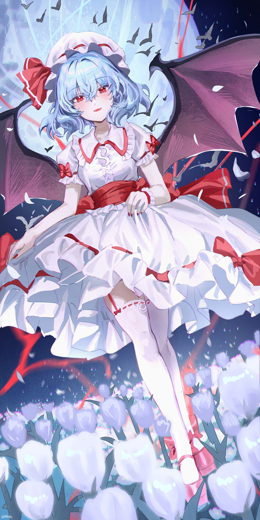 1girl bat_wings blue_hair flower frilled_shirt_collar frilled_skirt frills full_body hair_between_eyes haruri hat hat_ribbon highres looking_at_viewer mob_cap open_mouth red_eyes red_footwear red_ribbon remilia_scarlet ribbon shirt shoes short_hair skirt smile solo thigh-highs touhou white_flower white_headwear white_shirt white_skirt white_thighhighs wings