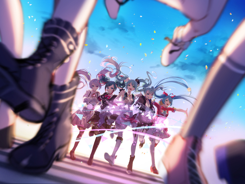 1boy 25-ji_miku 25-ji_nightcord_de._(project_sekai) 6+girls absurdres animal_ears ankle_boots ankle_bow aqua_hair azusawa_kohane backlighting belt black_footwear black_garter_straps blue_eyes blue_hair blue_sky blurry boots bow brooch buttons cat_ears checkered_clothes checkered_vest chest_harness choker clothes_writing clothing_cutout collared_dress colored_tips cropped_jacket cross-laced_footwear day depth_of_field detached_collar dot_nose double_bun drawstring dress dutch_angle earrings flats floral_print full_body garter_straps gradient_sky green_eyes grey_hair grey_socks hair_bun hair_ornament hanasato_minori harness hatsune_miku heterochromia highres hood hooded_jacket hoop_earrings hoshino_ichika_(project_sekai) jacket jewelry jumping knee_boots kneehighs knees_together_feet_apart lace-up_boots layered_dress leo/need_(project_sekai) leo/need_miku light_particles light_smile lineup long_sleeves looking_at_viewer lower_body more_more_jump!_(project_sekai) more_more_jump!_miku motion_blur multicolored_hair multiple_girls multiple_persona neck_ribbon o-ring o-ring_choker outdoors own_hands_together paperclip_hair_ornament petals pink_footwear pink_hair pink_ribbon pom_pom_(clothes) pom_pom_hair_ornament project_sekai red_ribbon ribbon running shoes short_sleeves single_horizontal_stripe sky sneakers socks sparkle standing standing_on_one_leg star_brooch star_cutout steepled_fingers strapless strapless_dress streaked_hair striped striped_dress sunlight tenma_tsukasa thigh-highs transformation triangle twintails two-tone_hair vest violet_eyes vivid_bad_squad_(project_sekai) vivid_bad_squad_miku vocaloid white_dress white_footwear white_thighhighs wing_collar wonderlands_x_showtime_(project_sekai) wonderlands_x_showtime_miku wrist_cuffs yoisaki_kanade yuzuha_wasa
