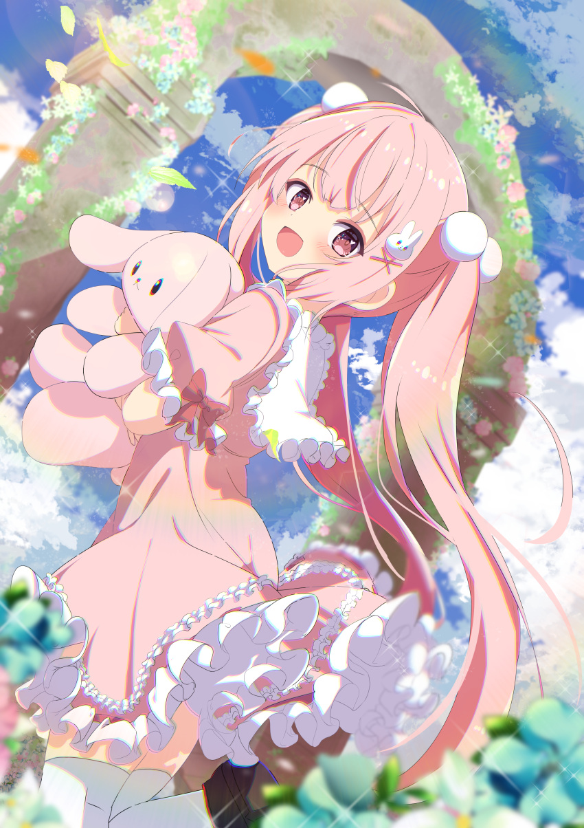 1girl absurdres blue_sky bow clouds cloudy_sky commission doll dress flower highres loli long_hair original pink_bow pink_dress pink_eyes pink_hair shiro9jira skeb_commission skirt sky white_skirt