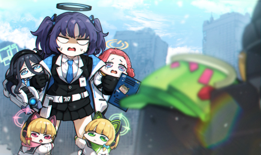 2ta2ta 5girls aris_(blue_archive) black_gloves black_hair black_hairband black_skirt blonde_hair blue_archive blue_bow blue_eyes blue_necktie blush bow closed_mouth collared_shirt game_development_department_(blue_archive) gloves green_eyes green_halo hair_bow hairband halo highres id_card jacket kaiten_fx_mk.0_(blue_archive) long_hair mechanical_halo midori_(blue_archive) momoi_(blue_archive) multiple_girls necktie pink_halo pleated_skirt purple_hair red_bow red_eyes redhead ringed_eyes shirt short_hair siblings sisters skirt suit tears twins white_jacket white_shirt yellow_halo yuuka_(blue_archive) yuzu_(blue_archive)