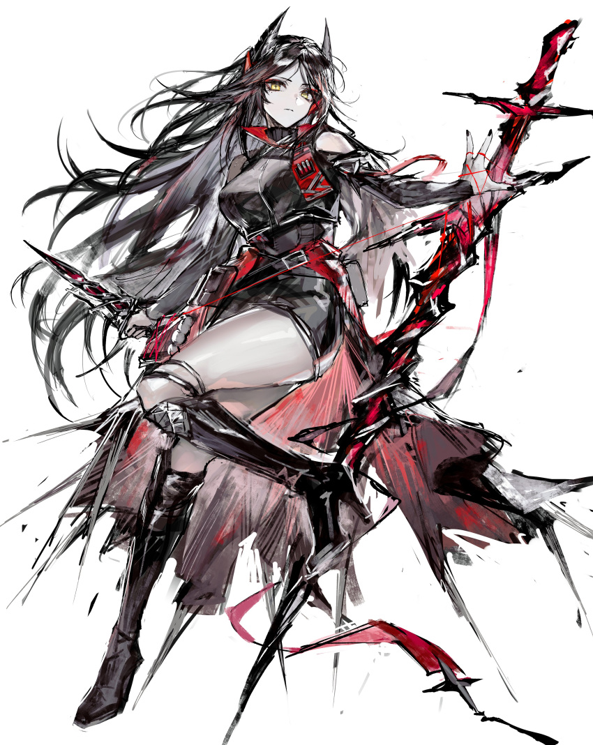 1girl absurdres arknights black_hair black_jacket dagger high_heels highres holding holding_staff horns ines_(arknights) jacket knife long_hair pencil_skirt remsrar skirt solo staff string weapon white_background yellow_eyes