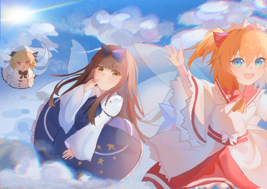 3girls :d :o \||/ blonde_hair blue_bow blue_dress blue_eyes blunt_bangs bow brown_eyes brown_hair chromatic_aberration closed_mouth clouds day dress drill_hair fairy_wings fang flat_chest flying hair_bow hand_up hands_up hat light_blush long_hair long_sleeves looking_at_viewer luna_child maid_headdress multiple_girls open_mouth orange_hair outdoors red_dress red_eyes short_hair sidelocks sky sleeves_past_wrists smile star_(symbol) star_print star_sapphire sun sunny_milk touhou user_ptvs3537 very_long_hair waving wide_sleeves wings