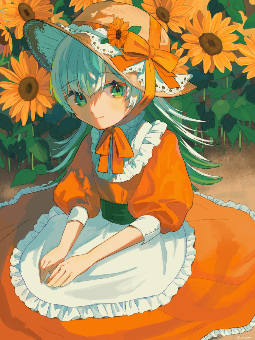 1girl apron chin_strap circle_skirt closed_mouth commentary day dress field flower flower_field frilled_apron frilled_dress frilled_shirt_collar frills green_eyes green_hair hands_on_lap hat hat_flower hat_ribbon highres lace-trimmed_headwear lace_trim light_smile long_hair looking_at_viewer nagomi_(_nagomi_) on_ground orange_dress orange_flower orange_ribbon original outdoors own_hands_together puffy_sleeves ribbon sitting sleeves_past_elbows solo sun_hat sunflower symbol-only_commentary waist_apron white_apron yellow_flower