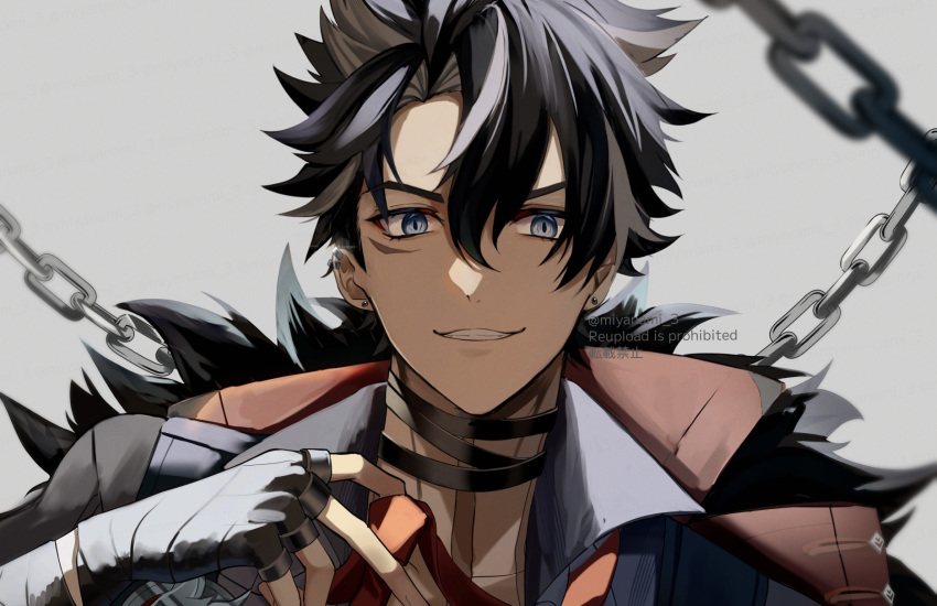 1boy bandaged_neck bandages black_bandages black_coat black_hair blue_eyes blurry blurry_foreground chain coat coat_on_shoulders commentary earrings flipped_hair fur-trimmed_coat fur_trim genshin_impact grey_background grin hair_ears hand_wraps highres jewelry looking_at_viewer male_focus miyanami_3 multiple_rings portrait red_coat ring scar scar_on_neck simple_background smile solo stud_earrings teeth two-sided_coat two-sided_fabric upper_body wriothesley_(genshin_impact)