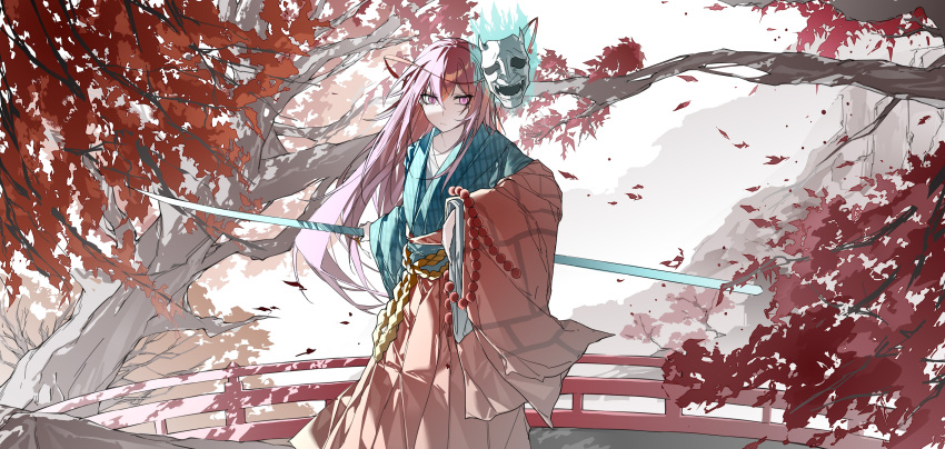 1girl absurdres adapted_costume autumn_leaves beads blue_fire blue_kimono branch closed_mouth corrupted_monk corrupted_monk_(cosplay) cosplay day expressionless feet_out_of_frame fire fog grey_sky hair_between_eyes hakama hakama_skirt hata_no_kokoro highres holding holding_polearm holding_weapon japanese_clothes kimono long_bangs long_hair long_sleeves looking_at_viewer mask mountain oni_mask outdoors pink_eyes pink_hair pink_hakama pink_sleeves polearm prayer_beads railing rope sekiro:_shadows_die_twice shimenawa skirt sky solo spear standing touhou tree very_long_hair weapon wide_sleeves yexinhan