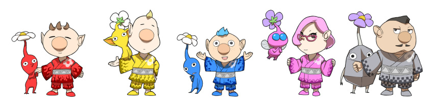 1girl 4boys alph_(pikmin) alternate_costume big_nose black_eyes blonde_hair blue_eyes blue_footwear blue_hair blue_kimono blue_pikmin blue_shorts blue_skirt brittany_(pikmin) brown_hair charlie_(pikmin) checkered_pants clenched_hands closed_eyes closed_mouth colored_skin commentary_request everyone expressionless eyelashes facial_hair fingernails flame_print floral_print flower freckles full_body glasses grey_footwear grey_kimono grey_pants grey_skin half-closed_eyes hand_on_another's_hand hand_on_own_hip hand_up head_tilt highres insect_wings japanese_clothes jewelry kimono lightning_bolt_print long_sleeves looking_at_viewer louie_(pikmin) midair mohawk multiple_boys mustache naru_(wish_field) no_mouth olimar open_mouth outstretched_arm outstretched_arms own_hands_together pants pikmin_(creature) pikmin_(series) pink_eyes pink_footwear pink_hair pink_kimono pink_pants pointy_ears pointy_nose purple_flower red-framed_eyewear red_footwear red_kimono red_pants red_pikmin red_skin ring rock rock_pikmin sash short_hair shorts sitting_on_arm skirt slippers smile solid_circle_eyes solid_eyes teeth triangle_mouth triangular_eyewear upper_teeth_only very_short_hair water_drop_print wedding_ring white_background white_flower white_sash wide_image wide_sleeves winged_pikmin wings yellow_footwear yellow_kimono yellow_pikmin yellow_shorts yellow_skin