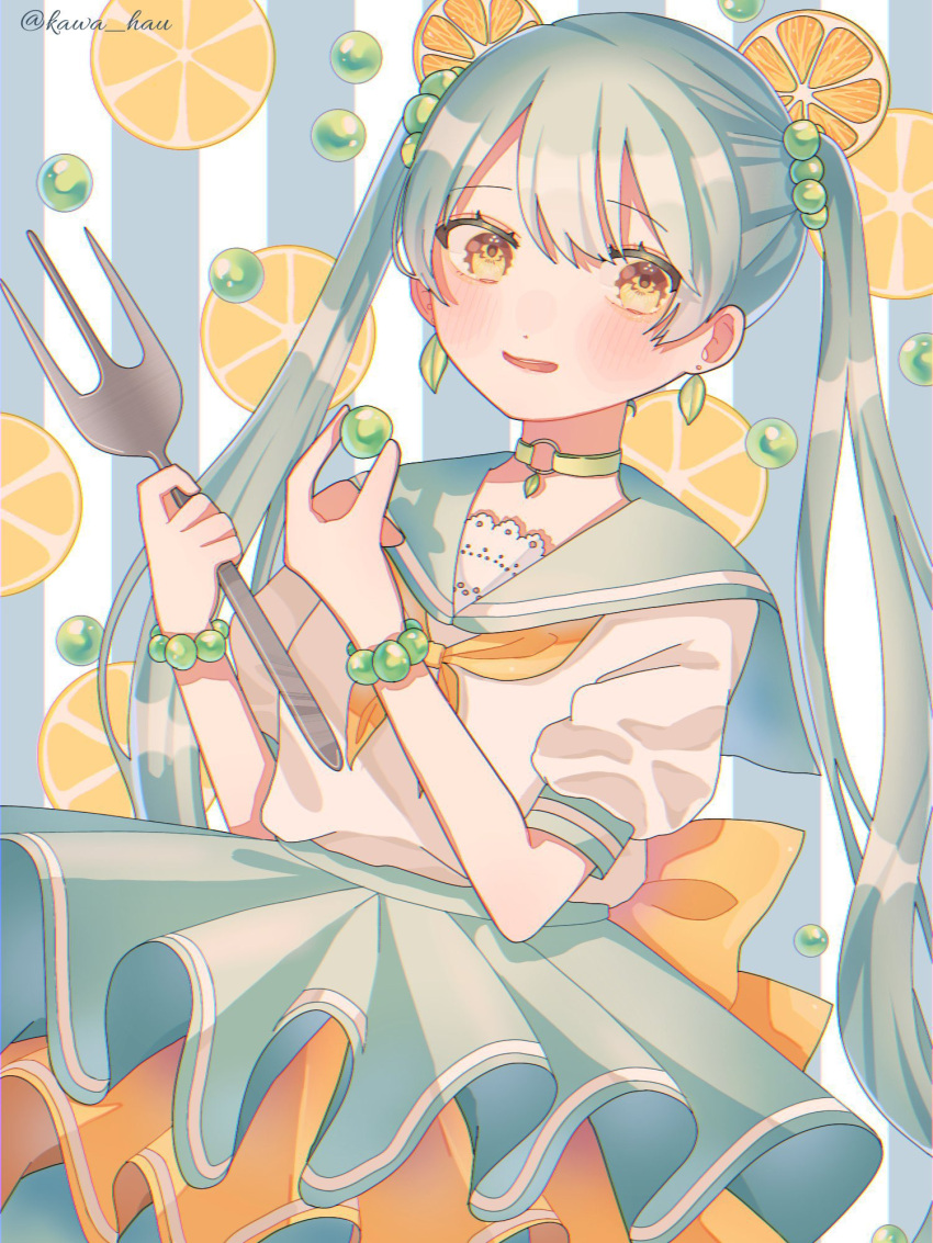 1girl aqua_hair aqua_sailor_collar aqua_skirt bracelet breasts choker cowboy_shot earrings food fork fruit fruit_background hair_ornament highres holding holding_fork jewelry layered_skirt leaf_earrings long_hair looking_at_viewer nagomi_(_nagomi_) neckerchief open_mouth orange_(fruit) orange_neckerchief orange_skirt orange_slice original oversized_object pearl_bracelet puffy_short_sleeves puffy_sleeves sailor_collar sailor_shirt shirt short_sleeves skirt small_breasts solo standing striped striped_background twintails twitter_username very_long_hair yellow_eyes