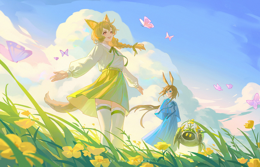 2girls amiya_(arknights) animal animal_ears arknights artist_name beanstalk_(arknights) blue_eyes blue_ribbon blue_shirt blue_skirt blue_sky braid brown_hair bug butterfly clouds flower flower_on_head grass green_ribbon green_shirt green_skirt hair_ribbon highres huhv. hyena_ears hyena_girl hyena_tail long_hair long_skirt long_sleeves metal_crab_(arknights) multiple_girls neck_ribbon outdoors outstretched_arms pink_butterfly rabbit_ears rabbit_girl red_eyes ribbon scenery shirt skirt sky spread_arms sunset teeth thigh-highs upper_teeth_only very_long_hair white_thighhighs wind yellow_flower