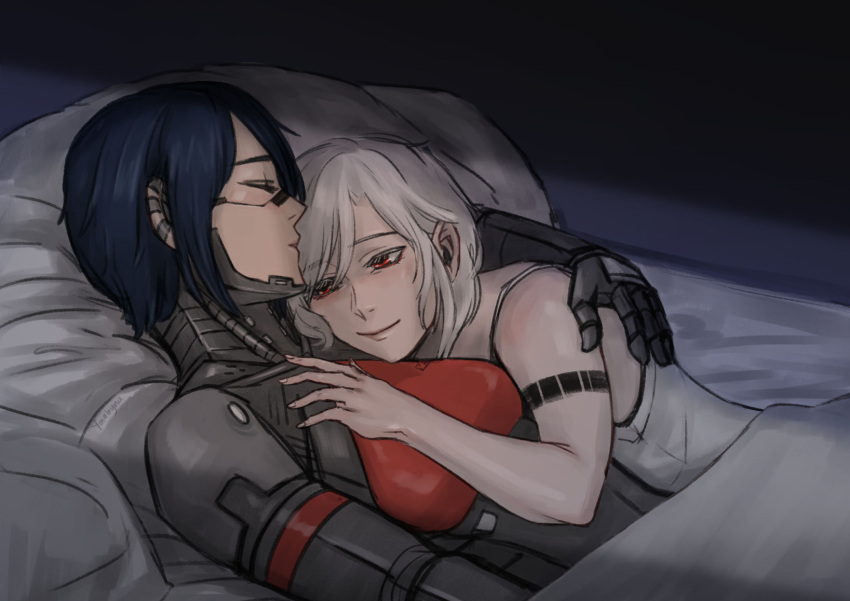 2girls android ariane_yeong bed black_hair camisole closed_eyes cyberpunk elster_(signalis) highres hug joints multiple_girls red_eyes robot_joints science_fiction short_hair signalis smile tattoo white_hair yinabyna yuri