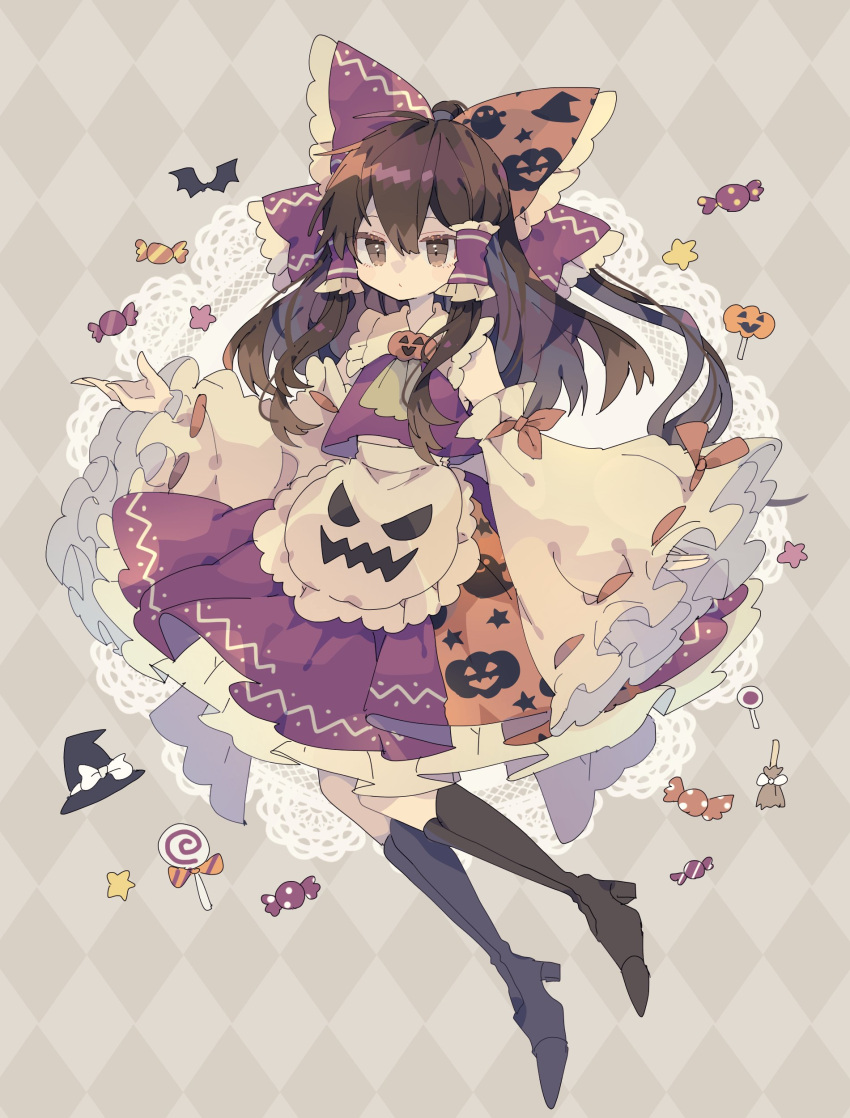 1girl absurdres adapted_costume apron argyle argyle_background ascot bare_shoulders black_footwear boots bow brown_eyes brown_hair closed_mouth detached_sleeves doily frilled_apron frilled_skirt frilled_sleeves frills hair_between_eyes hair_bow hair_tubes hakurei_reimu halloween_costume high_heel_boots high_heels highres japanese_clothes knee_boots long_hair nikorashi-ka nontraditional_miko red_bow red_skirt ribbon-trimmed_sleeves ribbon_trim sidelocks skirt solo touhou waist_apron white_apron white_sleeves wide_sleeves yellow_ascot