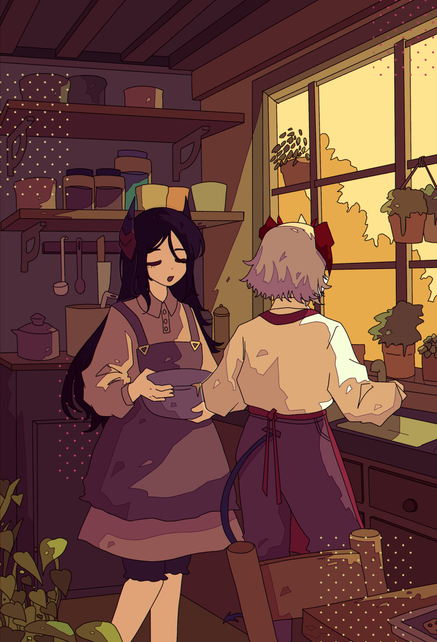 2girls absurdres apron arknights black_hair black_pants bowl ceiling chair closed_eyes collared_shirt commentary cooking_pot cupboard demon_girl demon_horns demon_tail drawer english_commentary evening faucet flower_pot grey_hair hanging_plant highres holding holding_bowl horns indoors ines_(arknights) jar kitchen kitchen_knife ladle long_hair long_sleeves mokiki_(mokadevs) multiple_girls open_mouth pants shelf shirt short_hair sink sunlight sunset table tail utensil_rack w_(arknights) white_shirt window
