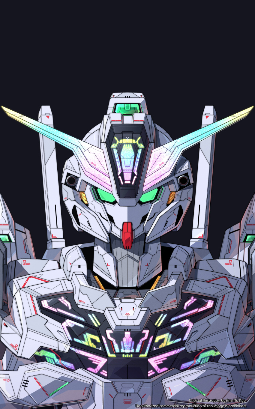 absurdres azzalea black_background english_commentary english_text glowing green_eyes gundam gundam_calibarn gundam_suisei_no_majo highres looking_at_viewer mecha mobile_suit no_humans portrait robot science_fiction solo v-fin