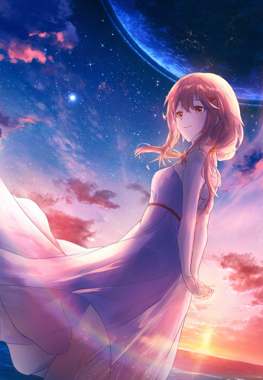1girl absurdres arms_behind_back bare_arms closed_mouth clouds dress evening guilty_crown hair_ornament hair_tubes hairclip highres hoshino_mizuki_(hoshino_263f) lens_flare long_hair ocean outdoors pink_hair planet red_eyes scenery sky smile space standing star_(sky) starry_sky sunset white_dress yuzuriha_inori