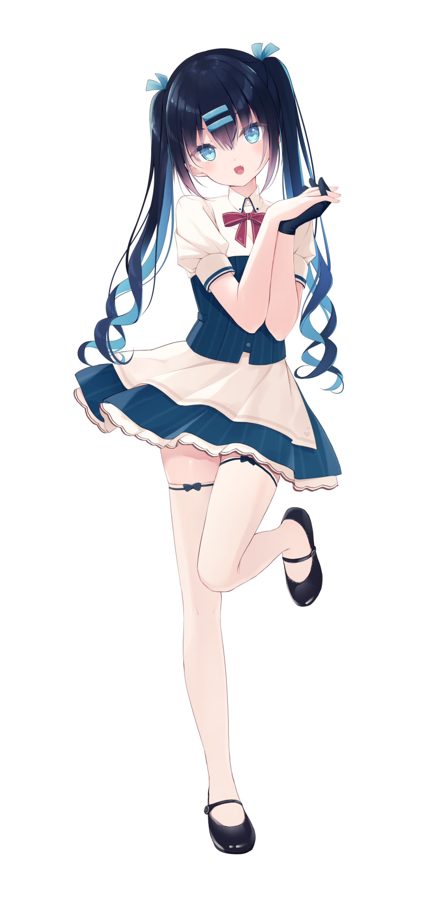 1girl :d absurdres apron black_bow black_footwear black_gloves black_hair blue_eyes blue_hair blue_ribbon blue_skirt blush bow bow_legwear collared_shirt commentary fang full_body gloves hair_between_eyes hair_ornament hair_ribbon hairclip head_tilt heart highres humuyun interlocked_fingers long_hair looking_at_viewer mary_janes multicolored_hair original own_hands_clasped own_hands_together puffy_short_sleeves puffy_sleeves red_bow ribbon shirt shoes short_sleeves simple_background single_glove skindentation skirt smile solo standing standing_on_one_leg striped striped_skirt symbol-only_commentary thigh-highs tsukune_(humuyun) twintails two-tone_hair vertical-striped_skirt vertical_stripes very_long_hair waist_apron waitress white_apron white_background white_shirt white_thighhighs