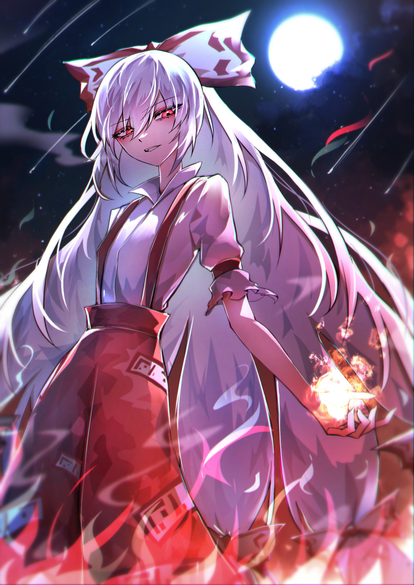 1girl 33_gaff absurdres bow collared_shirt commentary fire fujiwara_no_mokou full_moon grey_hair hair_between_eyes hair_bow highres long_hair looking_at_viewer moon ofuda ofuda_on_clothes outdoors pants parted_lips pyrokinesis red_eyes red_pants shirt short_sleeves sky solo star_(sky) starry_sky suspenders touhou very_long_hair white_bow white_shirt