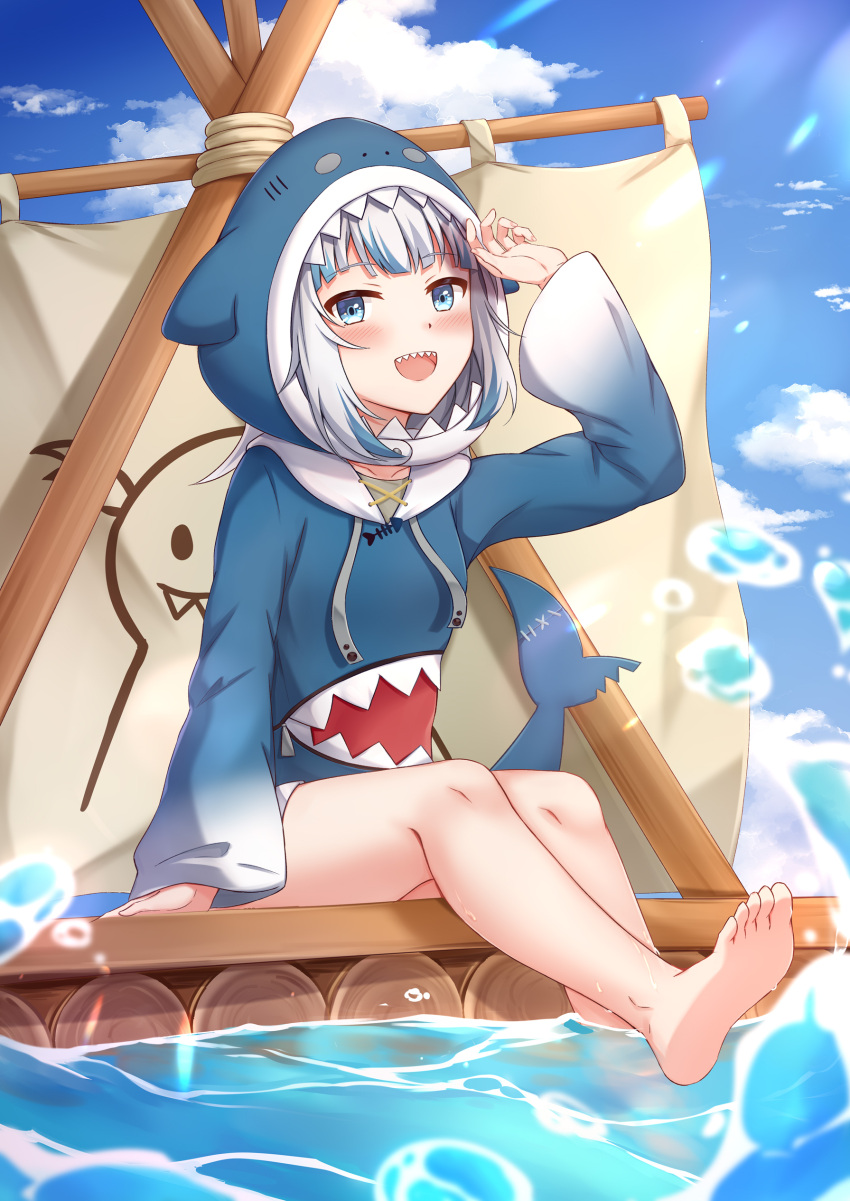 1girl :d absurdres animal_hood arm_up barefoot blue_eyes blue_hair blue_hoodie blue_sky blurry blurry_foreground clouds commentary_request day depth_of_field drawstring feet fins fish_tail gawr_gura gawr_gura_(1st_costume) grey_hair highres hololive hololive_english hood hood_down hoodie long_hair long_sleeves looking_at_viewer multicolored_hair muwa12 outdoors raft shark_hood shark_tail sharp_teeth sky smile soles solo streaked_hair tail teeth toes virtual_youtuber water water_drop wide_sleeves
