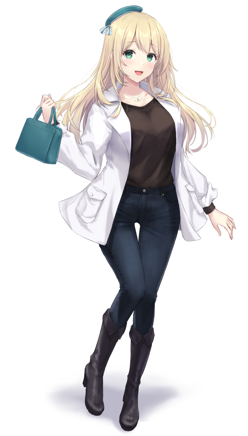 1girl absurdres alternate_costume atago_(kancolle) bag beret black_footwear black_shirt blonde_hair blue_pants blush boots collarbone commission denim green_eyes green_headwear handbag hat high_heel_boots high_heels highres holding holding_bag jacket jewelry kantai_collection long_hair long_sleeves looking_at_viewer monoku necklace open_clothes open_jacket open_mouth pants shirt shirt_tucked_in simple_background skeb_commission smile solo white_background white_jacket