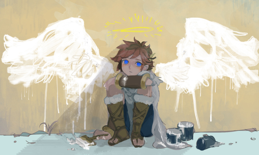 1boy arm_on_knee arm_support blue_eyes brown_hair commentary drawn_halo drawn_wings halo kid_icarus male_focus on_ground osakana_(oishiiosakana) paint paint_can paintbrush parted_lips pit_(kid_icarus) sandals short_hair sitting solo trim_brush white_paint