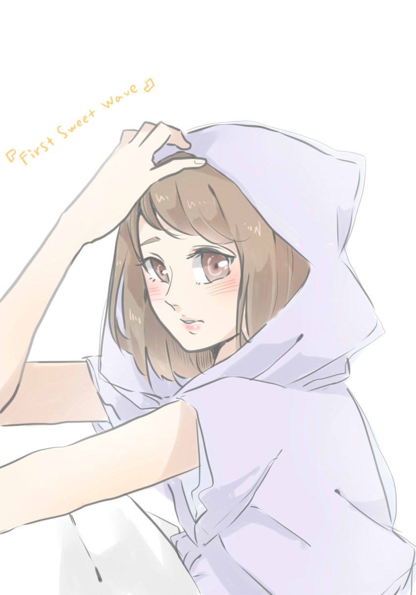 1girl blush breasts brown_eyes brown_hair commentary_request highres hood hood_up hoodie kashikaze kusuda_aina looking_at_viewer medium_breasts parted_lips purple_hoodie real_life short_sleeves simple_background solo upper_body voice_actor_connection white_background