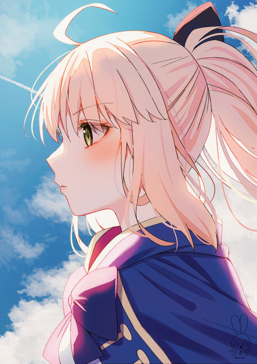 1girl absurdres ahoge aro_1801 artoria_caster_(fate) artoria_pendragon_(fate) black_bow blonde_hair blue_cape blue_sky blush bow bowtie cape closed_mouth clouds day fate/grand_order fate_(series) from_side green_eyes hair_bow highres long_hair outdoors ponytail profile purple_bow purple_bowtie sky solo watermark
