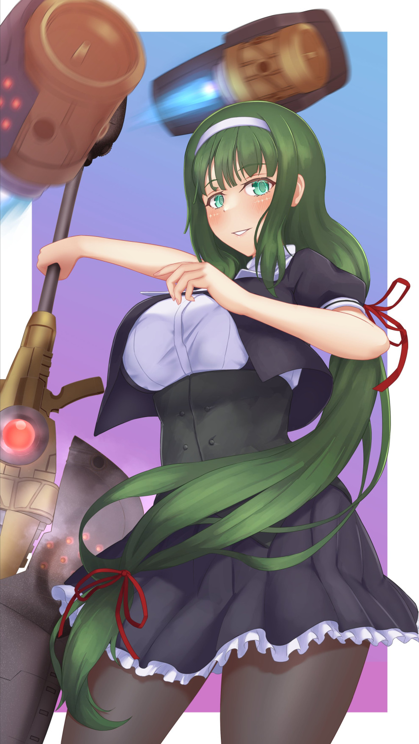 1girl absurdres aqua_eyes black_skirt blue_background blush border breasts brown_pantyhose commentary_request cowboy_shot cropped_jacket frilled_skirt frills gradient_background green_hair green_ribbon grin hair_ribbon hairband hands_up hasebe_touka highres huge_weapon large_breasts long_hair looking_at_viewer low-tied_long_hair miniskirt motion_blur outside_border pantyhose parted_lips pleated_skirt puffy_short_sleeves puffy_sleeves purple_background ribbon school_uniform shirt short_sleeves sidelocks skirt smile standing ueharu underbust very_long_hair weapon white_border white_hairband white_shirt yurigaoka_girls_academy_school_uniform