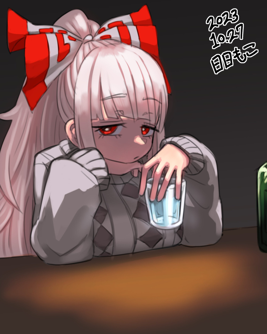 1girl absurdres bow drink fujiwara_no_mokou hair_bow highres hime_cut holding holding_drink long_hair neophyte ponytail red_eyes sad sidelocks solo sweater touhou very_long_hair white_bow white_hair