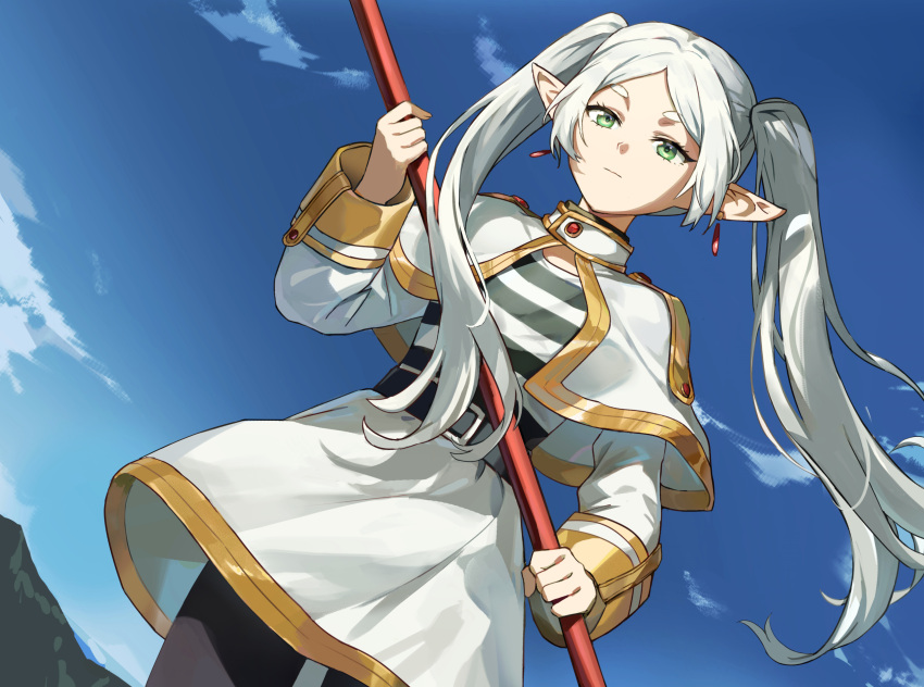 1girl absurdres blue_sky capelet dress earrings elf frieren green_eyes highres holding holding_staff jewelry kuza_brs long_hair long_sleeves parted_bangs pointy_ears sky solo sousou_no_frieren staff twintails white_capelet white_hair