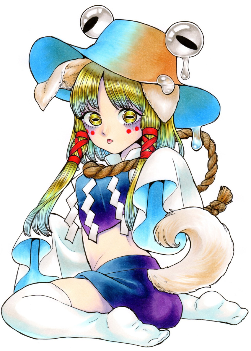 1girl animal_ears bags_under_eyes blonde_hair bow brown_headwear collared_shirt dog_ears dog_girl dog_tail extra_eyes facial_tattoo hair_bow hair_ornament hat highres horizontal_pupils long_hair long_sleeves moriya_suwako purple_skirt purple_vest red_bow rope saliva shide shimenawa shirt sidelocks simple_background skirt tail tattoo thigh-highs tongue tongue_out touhou traditional_media vest white_background whoru wide_sleeves yellow_eyes yellow_fur