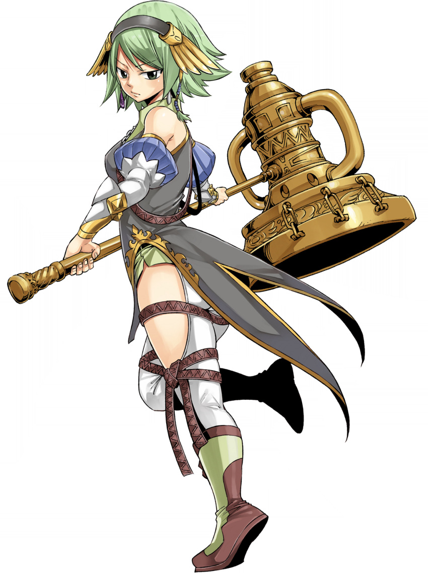1girl bare_shoulders black_hairband black_jacket boots brown_footwear detached_sleeves full_body gate_of_nightmares green_eyes green_footwear green_hair hair_ornament hairband hammer highres hip_vent holding holding_hammer holding_weapon jacket kyazari_(gate_of_nightmares) looking_at_viewer mashima_hiro official_art pants short_hair simple_background sleeveless sleeveless_jacket solo transparent_background two-tone_footwear war_hammer weapon white_pants