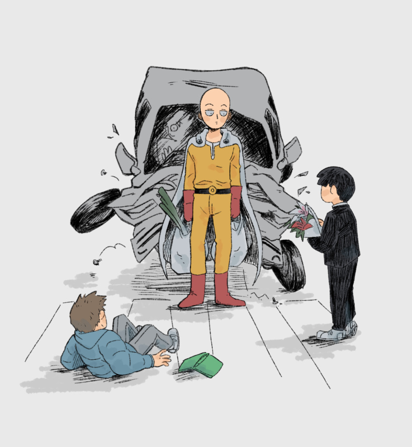 3boys bag bald black_hair blue_coat book boots bouquet brown_hair cape car car_crash coat crossover cutystuffy flower grey_background highres holding holding_bag holding_bouquet kageyama_shigeo long_sleeves looking_at_another male_focus mob_psycho_100 motor_vehicle multiple_boys one-punch_man pants saitama_(one-punch_man) shoes shopping_bag short_hair simple_background standing