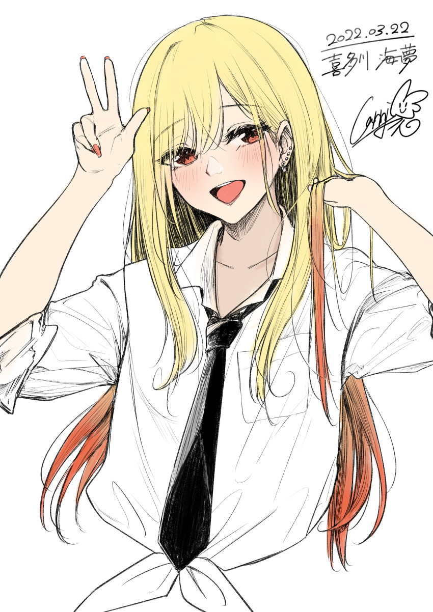 1girl 2022 :d absurdres black_necktie blonde_hair blush carrion1129 commentary cropped_torso dated dress_shirt ear_piercing earrings eyes_visible_through_hair fingernails gradient_hair gyaru hair_between_eyes hair_tucking hands_up highres jewelry kitagawa_marin kogal lips long_fingernails long_hair long_sleeves looking_at_viewer multicolored_hair nail_polish necktie open_mouth orange_eyes orange_hair orange_nails piercing round_teeth shirt signature simple_background sleeves_rolled_up smile solo sono_bisque_doll_wa_koi_wo_suru straight_hair stud_earrings teeth upper_teeth_only very_long_hair w white_background white_shirt wing_collar