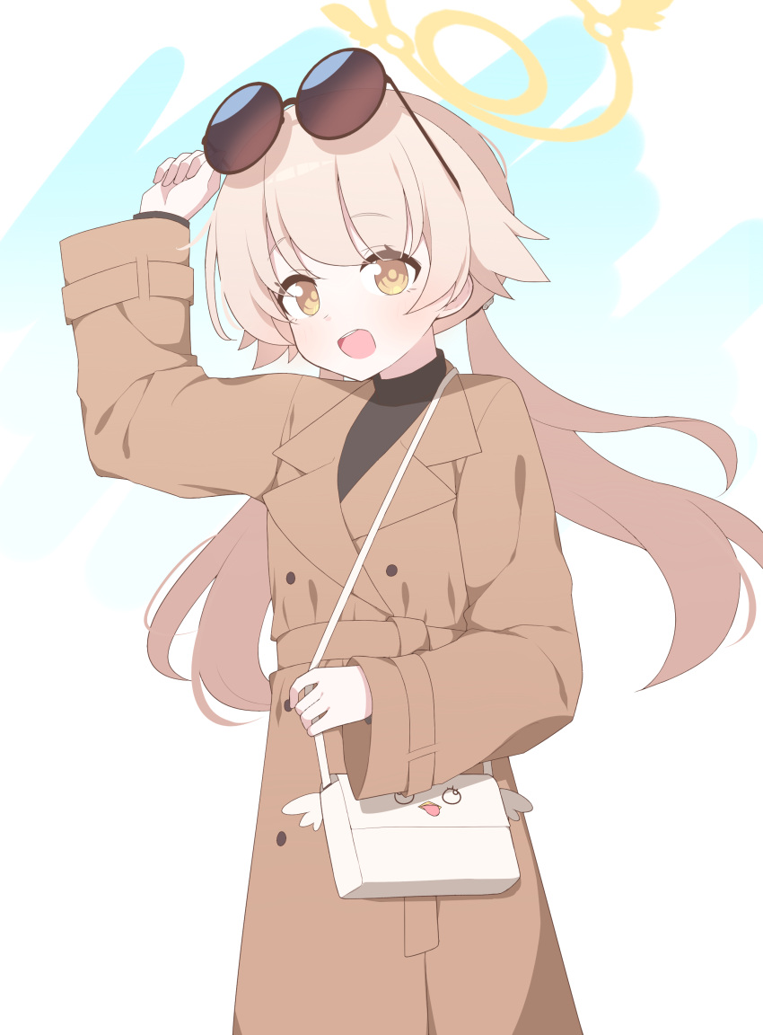 1girl absurdres bag black_shirt blue_archive blush brown_coat coat eyewear_on_head hagoonha halo hifumi_(blue_archive) highres light_brown_hair long_hair long_sleeves low_twintails open_mouth peroro_(blue_archive) round_eyewear shirt shoulder_bag smile solo sunglasses twintails yellow_eyes yellow_halo