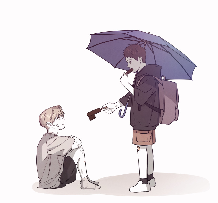 2boys backpack baek_dohu bag bandage_on_face bandage_on_knee bandages between_the_lines black_hair black_hoodie blonde_hair child dirty dirty_clothes food giving_food highres hodot_01 holding holding_food holding_ice_cream hood hoodie ice_cream looking_at_another multiple_boys seo_juheon short_hair simple_background socks white_background