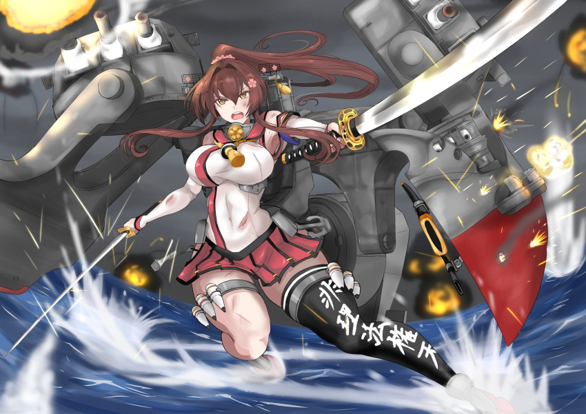 1girl anchor_ornament breasts brown_hair cannon clothes_writing collar dual_wielding headgear highres holding kantai_collection ken_(shutenndouji1) kikumon large_breasts long_hair machinery metal_collar pleated_skirt ponytail red_sailor_collar red_skirt sailor_collar single_thighhigh skirt solo thigh-highs turret water yamato_(kancolle)