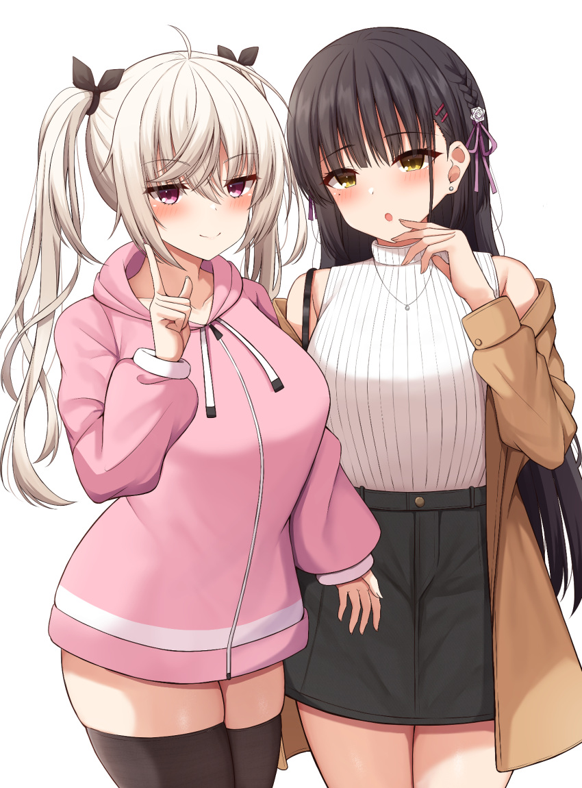 2girls :o ahoge akizuki_kanna alternate_costume arm_at_side bare_shoulders black_bow black_hair black_skirt black_thighhighs blush bow breasts brown_coat cafe_stella_to_shinigami_no_chou casual closed_mouth coat commentary_request cowboy_shot crossed_bangs earrings eyelashes eyes_visible_through_hair flower hair_between_eyes hair_bow hair_flower hair_ornament hair_ribbon hairclip hand_up high-waist_skirt highres hood hood_down hoodie index_finger_raised jewelry jitome large_breasts long_sleeves looking_at_viewer miniskirt mole mole_under_eye multiple_girls off_shoulder open_clothes open_coat open_mouth pink_hoodie purple_ribbon ribbed_shirt ribbon rose ryakusun shiki_natsume shirt side-by-side side_ponytail sidelocks simple_background skindentation skirt sleeveless sleeveless_shirt smile standing straight_hair stud_earrings thigh-highs tsurime violet_eyes wavy_hair white_background white_flower white_hair white_rose white_shirt yellow_eyes