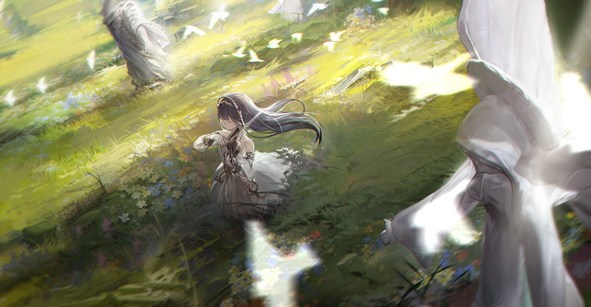 1girl alternate_costume bare_shoulders black_hair blunt_bangs closed_eyes detached_sleeves dress floating_hair flower from_above grass hair_ornament highres instrument long_hair long_sleeves meadow motion_blur music on_grass outdoors playing_instrument puffy_detached_sleeves puffy_sleeves punishing:_gray_raven selena_(punishing:_gray_raven) simple_bird sleeveless sleeveless_dress solo statue violin white_dress xiao_feng