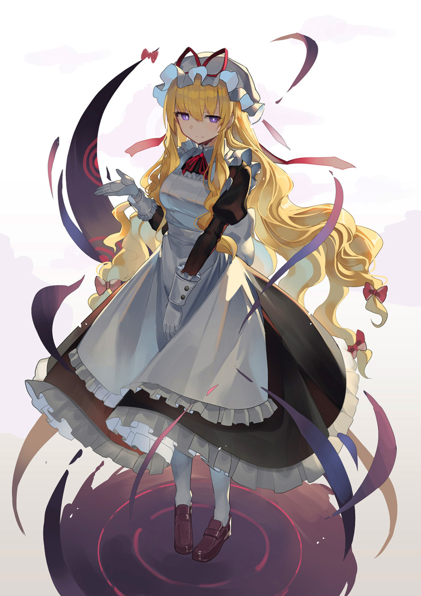 1girl alternate_costume apron black_dress blonde_hair bow breasts brown_footwear buttons closed_mouth collared_dress commentary_request dress enmaided falken_(yutozin) floating_hair frilled_apron frilled_dress frilled_sleeves frills full_body gap_(touhou) gathers gloves hair_between_eyes hair_bow hand_up hat hat_ribbon highres juliet_sleeves light_blush light_smile loafers long_dress long_hair long_sleeves looking_at_viewer low-tied_long_hair maid maid_apron medium_breasts mob_cap neck_ribbon outstretched_arm pantyhose puffy_sleeves red_bow red_ribbon ribbon ripples sash shoes sidelocks sleeve_cuffs solo standing touhou very_long_hair violet_eyes white_apron white_background white_bow white_gloves white_headwear white_pantyhose white_sash wing_collar yakumo_yukari