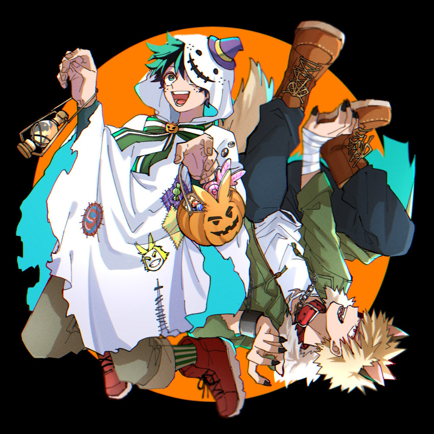 2boys all_might animal_collar animal_ears ankle_boots bakugou_katsuki bandaged_wrist bandages black_background black_nails blonde_hair blue_pants blurry boku_no_hero_academia boots bow bowtie bright_pupils brooch brown_footwear buckle cameo candy carrying chain chain_leash character_food character_print checkerboard_cookie chromatic_aberration circle cloak collar cookie cross-laced_footwear cuffs depth_of_field drawstring fake_animal_ears fangs film_grain fingernails floating_clothes food freckles full_body fur-trimmed_jacket fur_trim ghost_costume ghost_pose green_eyes green_hair green_jacket hair_between_eyes halloween halloween_bucket halloween_costume hand_up hands_up hat highres hood hood_over_one_eye hood_up hooded_cloak jacket jewelry knees_up lantern lapels leash legs_up lollipop long_sleeves looking_ahead male_focus midoriya_izuku mini_hat mini_witch_hat multiple_boys official_alternate_costume open_mouth orange_background pants pants_rolled_up pants_tucked_in patch profile pumpkin_brooch red_collar red_eyes red_footwear rotational_symmetry sanpaku shackles sharp_fingernails shiina_(chippy0310) shirt shoes short_hair sleeves_past_elbows sleeves_rolled_up smile sneakers socks spiky_hair stitches striped striped_bow striped_bowtie striped_socks swirl_lollipop torn_cloak torn_clothes torn_shirt two-tone_background vertical-striped_socks vertical_stripes white_cloak white_pupils white_shirt witch_hat wolf_ears wrapped_candy