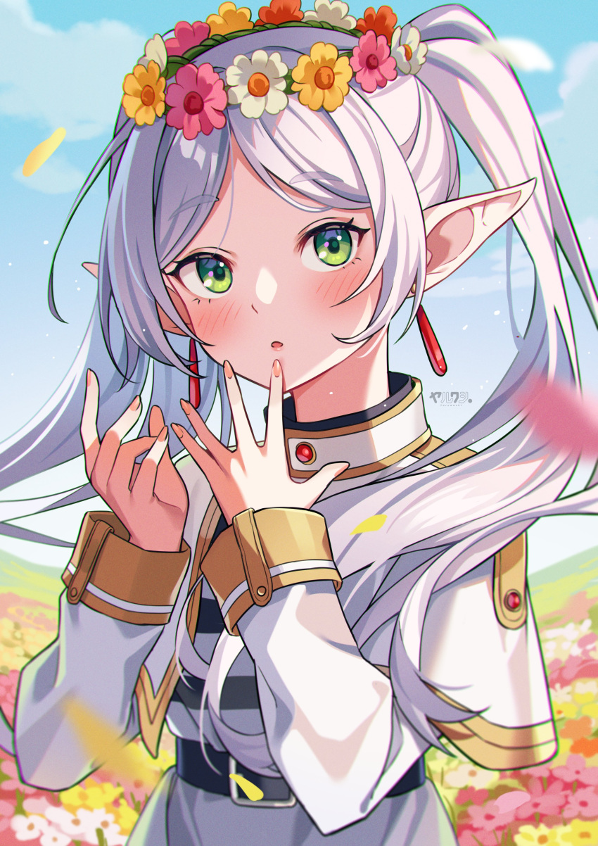 1girl absurdres capelet earrings flower frieren green_eyes grey_hair hair_between_eyes hair_flower hair_ornament highres jewelry long_hair long_sleeves open_mouth pointy_ears solo sousou_no_frieren twintails white_capelet yaruwashi