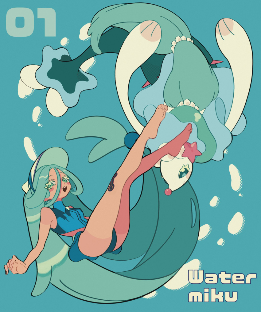 1girl absurdres barefoot blue_eyes blue_hair colored_eyelashes hair_between_eyes hatsune_miku highres long_hair paku1252 pokemon pokemon_(creature) primarina project_voltage starfish_hair_ornament swimsuit tan tanlines twintails very_long_hair visor_cap vocaloid water_miku_(project_voltage)